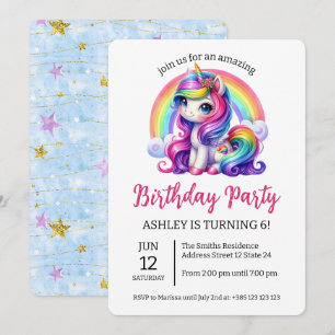 Kawaii Rainbow Unicorn Födelsedagsfest inbjudan