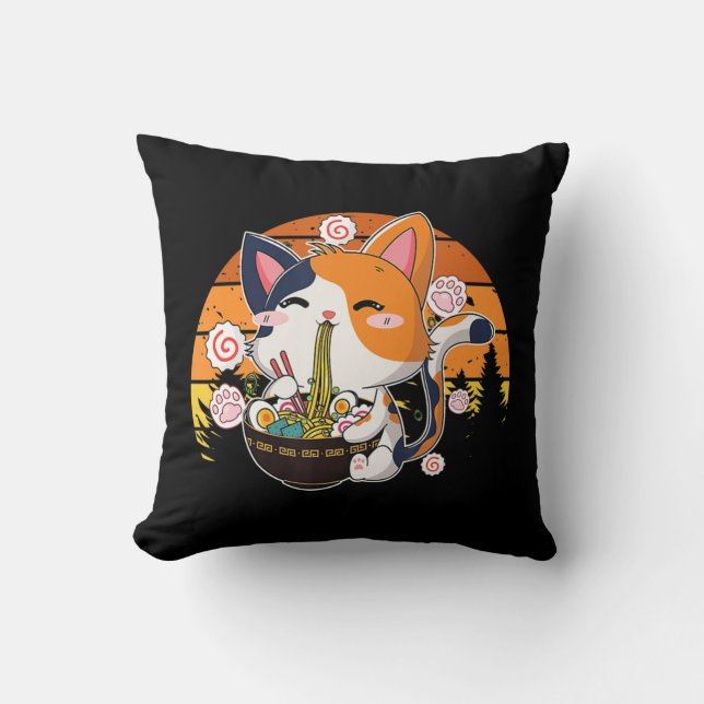Kawaii Ramen Cat Anime Japanska Neko Noodle Roligt Kudde (Framsida)