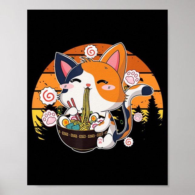 Kawaii Ramen Cat Anime Japanska Neko Noodle Roligt Poster (Framsidan)