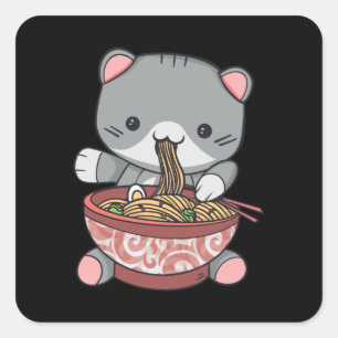 Kawaii Ramen Cat noodle bowl with chop sticks Fyrkantigt Klistermärke