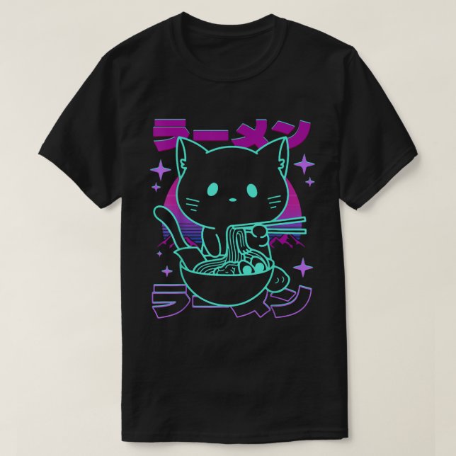 Kawaii Ramen Cat Retro Japanese Vaporwave T Shirt (Design framsida)