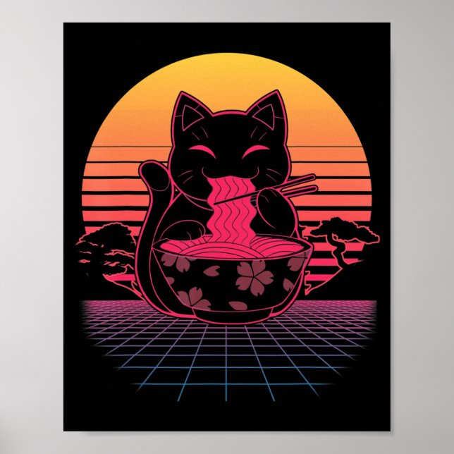 Kawaii Ramen Neko Retro Cat Japansk noodle Anime Poster (Framsidan)