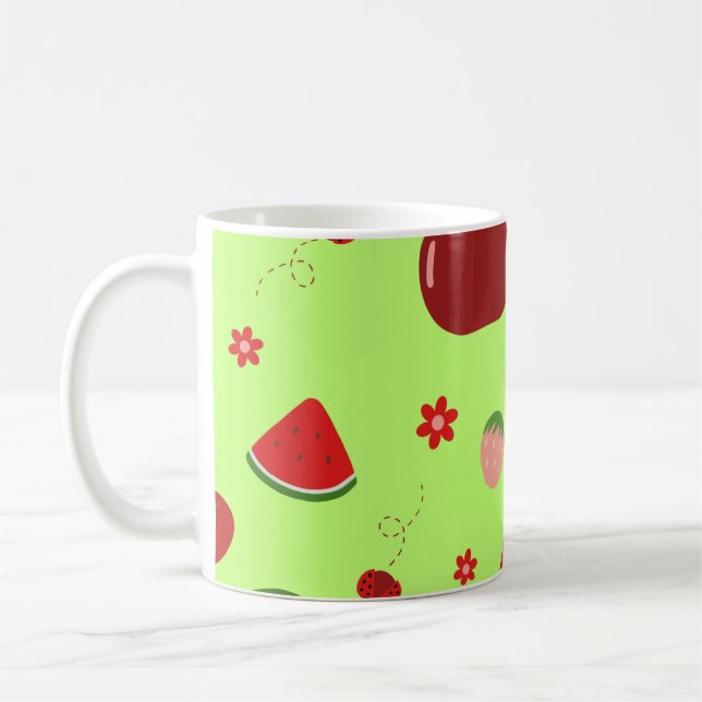 Kawaii Red Fruits Pattern in Lime Green Kaffemugg (Vänster)