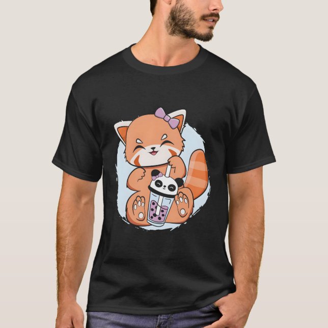 Kawaii Red Panda Boba Anime Pearl Bubble Tea Otaku T Shirt (Framsida)