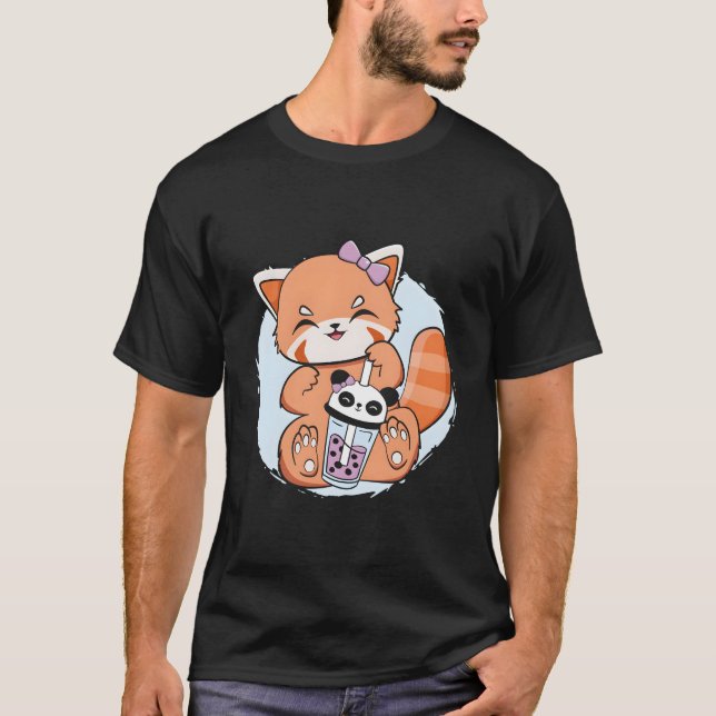 Kawaii Red Panda Boba Anime Pearl Bubble Tea Otaku T Shirt (Framsida)