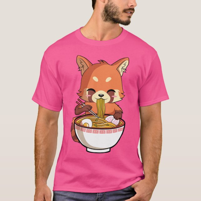 Kawaii Red Panda Eating Japanska Ramen T Shirt (Framsida)