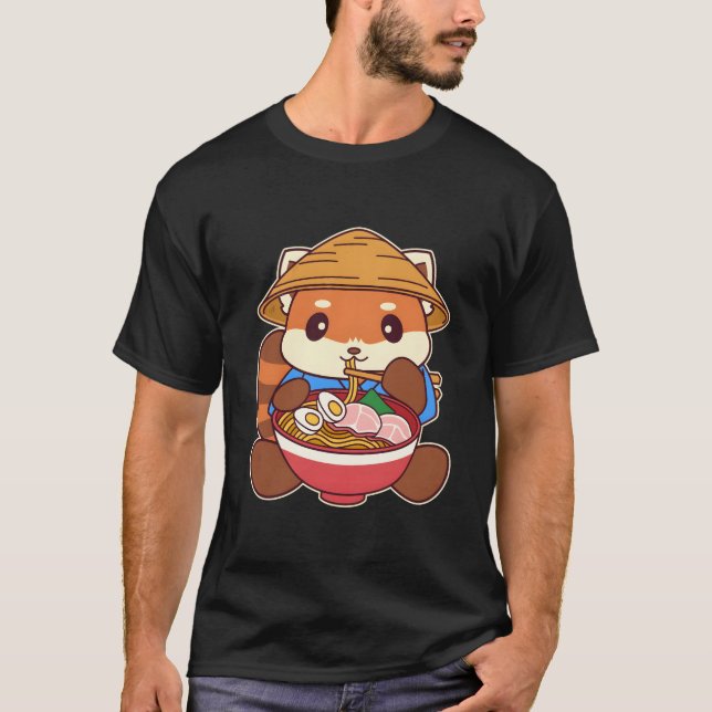 Kawaii Red Panda Eating Ra Noodle T Shirt (Framsida)