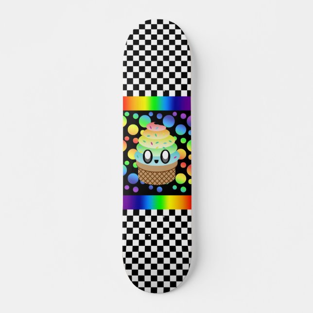 Kawaii regnbåge glasskon rutmönster mini skateboard bräda 18,7 cm (Framsida)