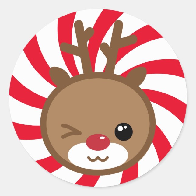 Kawaii Reindeer jul Stickers Runt Klistermärke (Framsida)