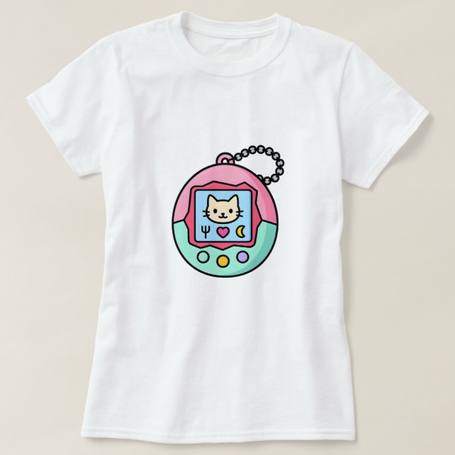 Kawaii Retro Virtual Pet – Pastel Cat Screen  T Shirt (Design framsida)