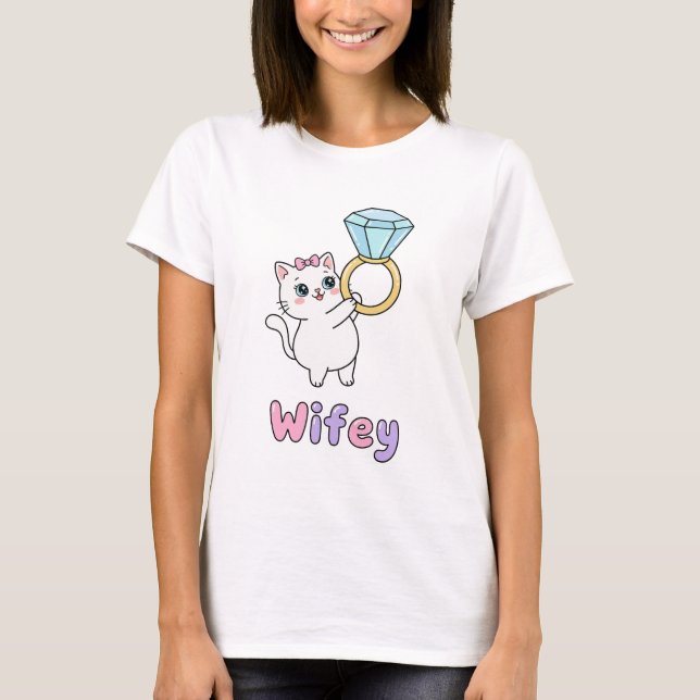 Kawaii Ring Cat Wifey Söt Bröllop T Shirt (Framsida)