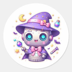 Kawaii Robot Witch Cute Magic Bot med Trollspö Runt Klistermärke