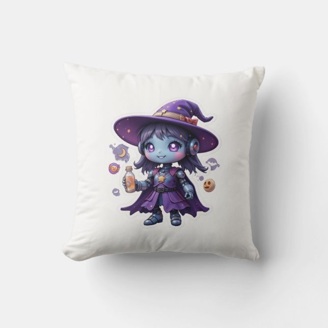 Kawaii Robot Witch Girl Cute Magic Tech Decor Kudde (Framsida)