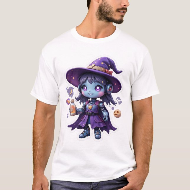 Kawaii Robot Witch Girl Cute Sci-Fi Sorceress Tee (Framsida)