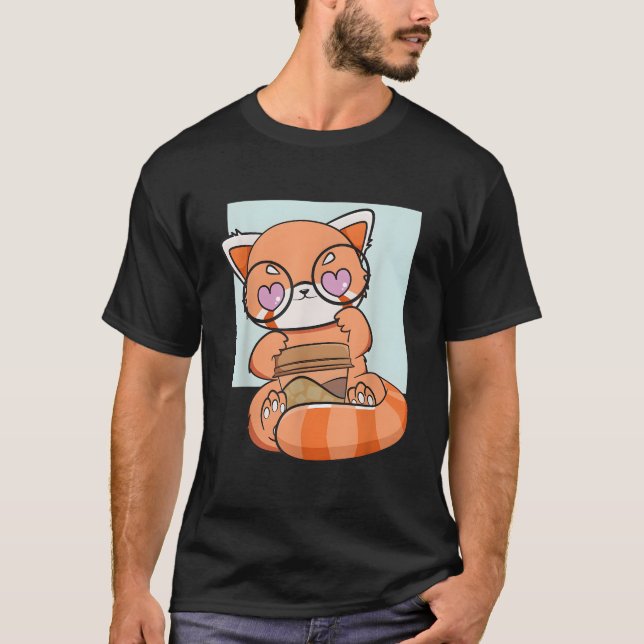 Kawaii Röd Panda Dricker Kaffe Anime Björn T Shirt (Framsida)