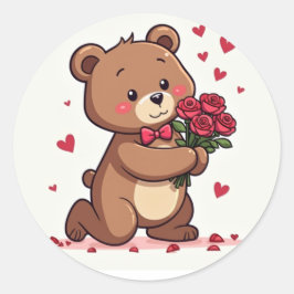 Kawaii Romantic Bear Frieri med Ro och hjärta Runt Klistermärke