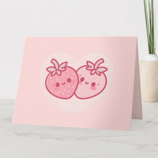 Kawaii Rosa Alla Hjärtans Dag Jordgubbar Kort (Framsida)