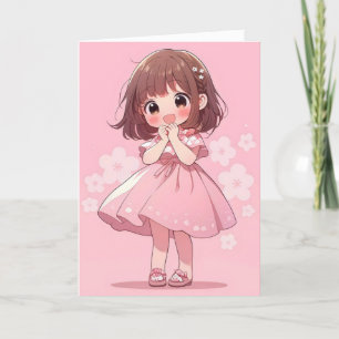 Kawaii Rosa Anime Girl Chibi Helgkort
