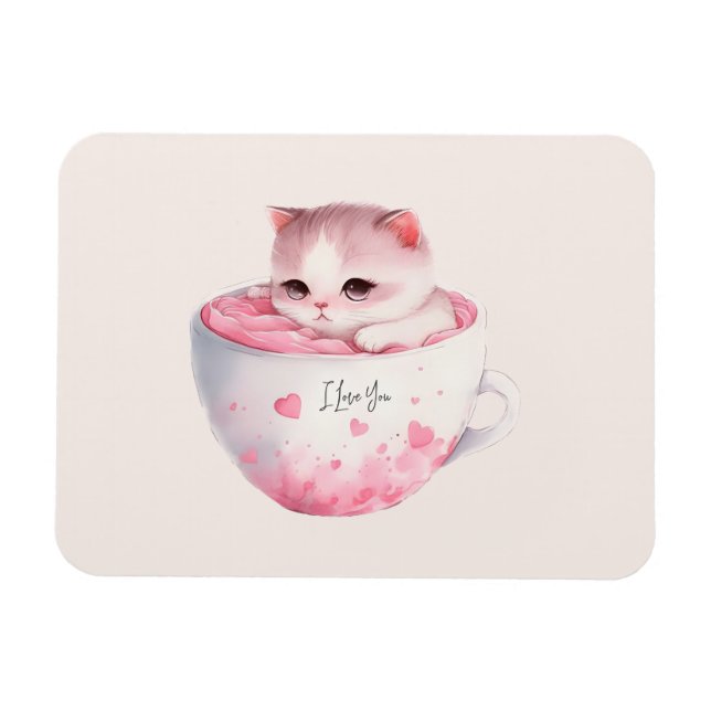 Kawaii Rosa Chibi-katt med ett kute Krona Magnet (Horisontell)