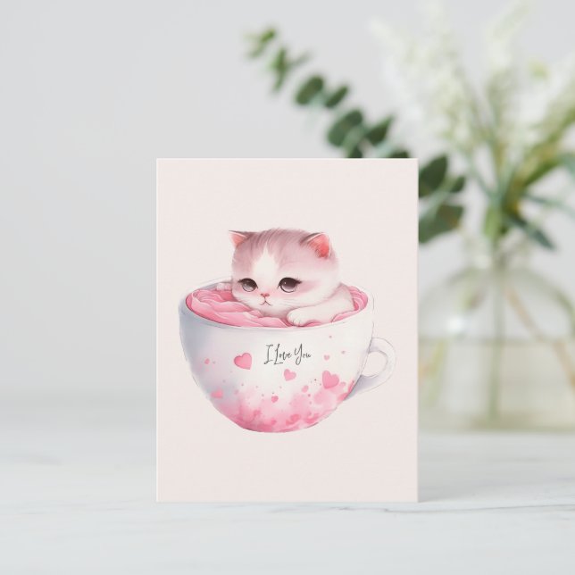 Kawaii Rosa Chibi-katt med ett kute Krona Vykort (Stående Fram)
