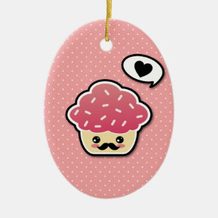Kawaii Rosa Cupaka med Mustache Julgransprydnad Keramik