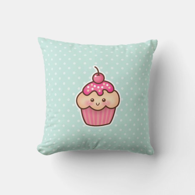 Kawaii Rosa Cupcoa och Cute Mint Blue Polka dots Kudde (Framsida)