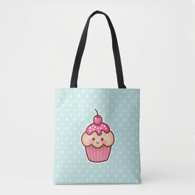 Kawaii Rosa Cupcoa och Cute Mint Blue Polka dots Tygkasse (Framsida)