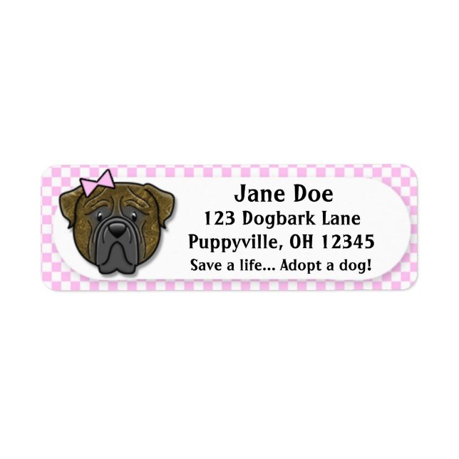 Kawaii Rosa Gingham Brindle Bullmastiff Returadress Etikett (Framsidan)
