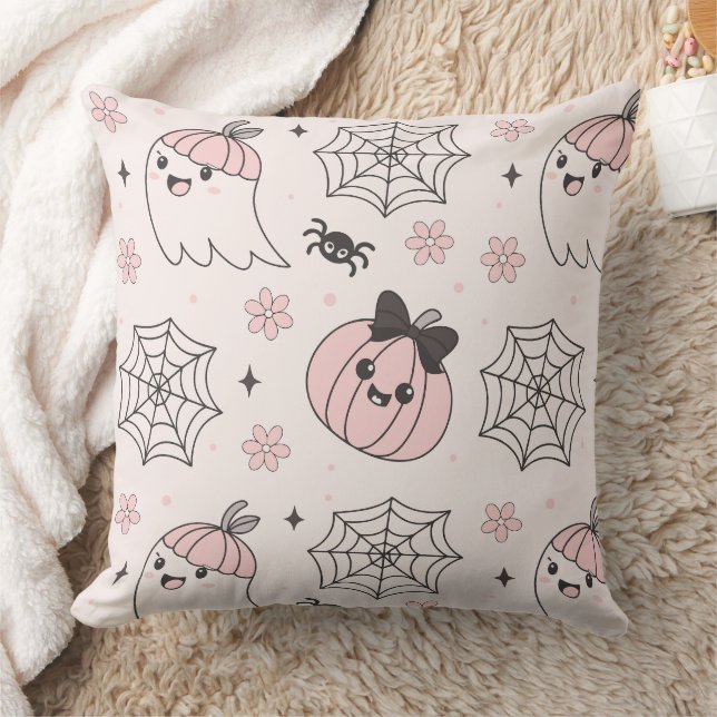 Kawaii Rosa Halloween Mönster med Ghost, Pumpkin Kudde (Filt)