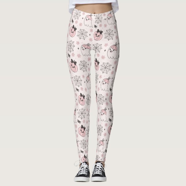 Kawaii Rosa Halloween Mönster med Ghost, Pumpkin Leggings (Framsida)