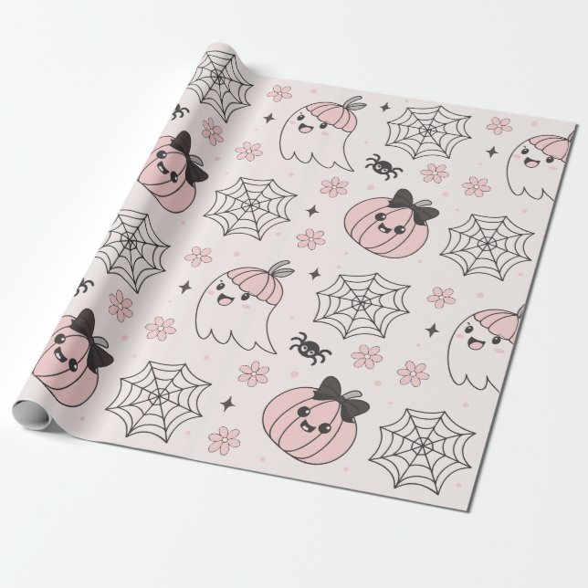 Kawaii Rosa Halloween Mönster med Ghost, Pumpkin Presentpapper (Utrullad)