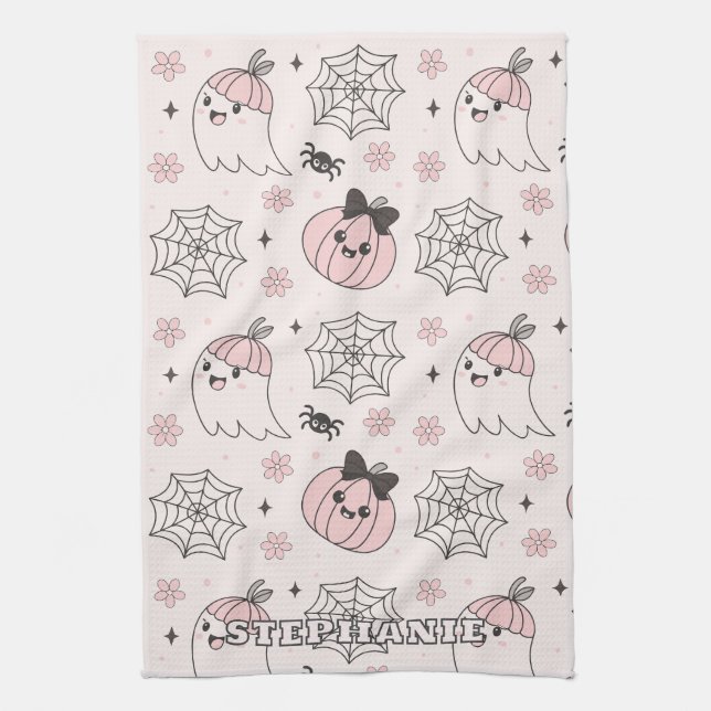 Kawaii Rosa Halloween Mönster med Spöke, Pumpa  Kökshandduk (Vertikal)