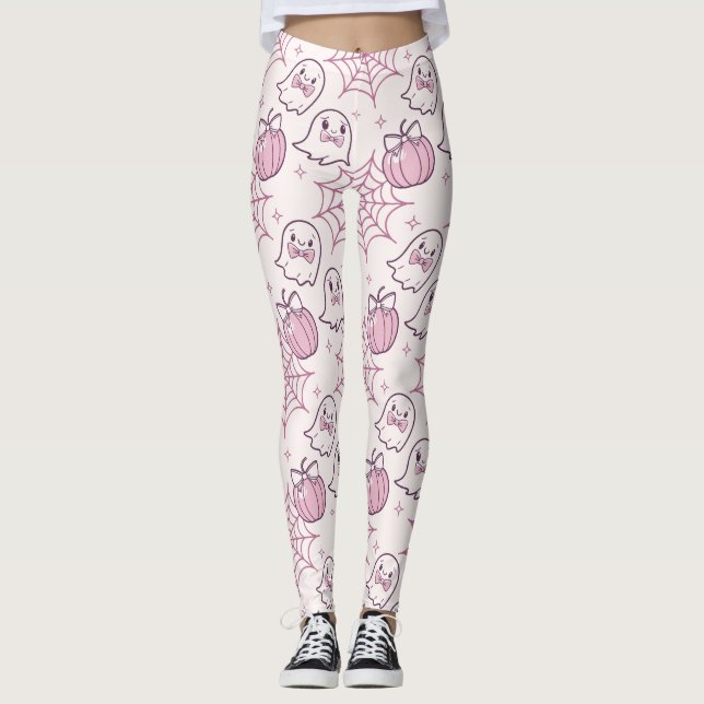 Kawaii Rosa Halloween Spöken & Pumpkin Leggings (Framsida)