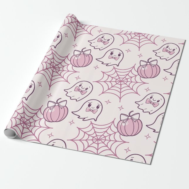 Kawaii Rosa Halloween Spöken & Pumpkin Presentpapper (Utrullad)