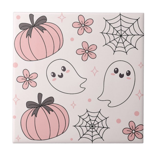 Kawaii Rosa Halloween Spöken & Pumpkins Kakelplatta (Framsidan)