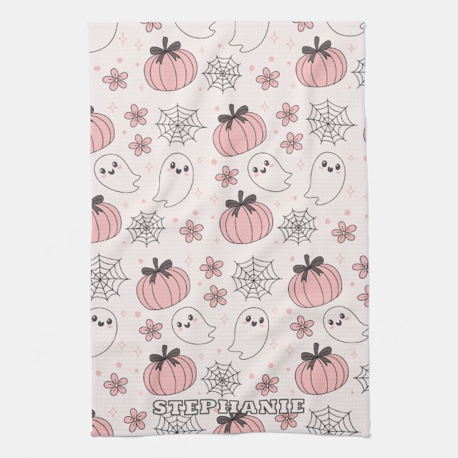 Kawaii Rosa Halloween Spöken & Pumpkins Kökshandduk (Vertikal)