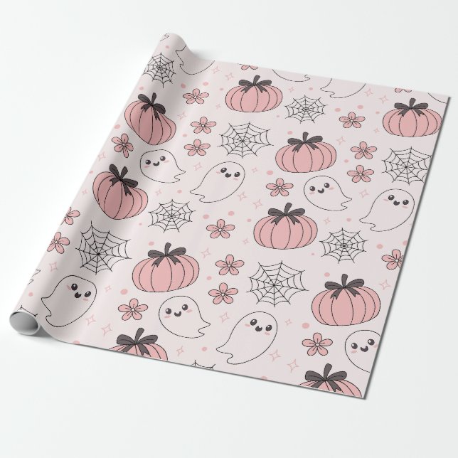 Kawaii Rosa Halloween Spöken & Pumpkins Presentpapper (Utrullad)