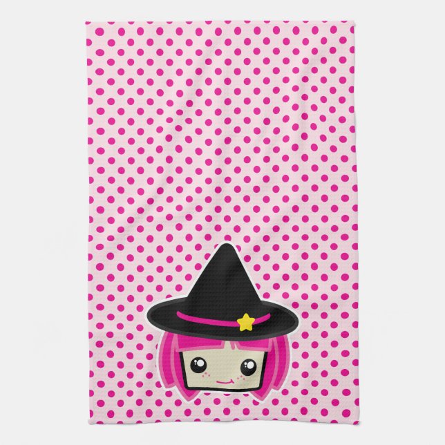 Kawaii Rosa Hjärt Witch Kitchen Towel Kökshandduk (Vertikal)