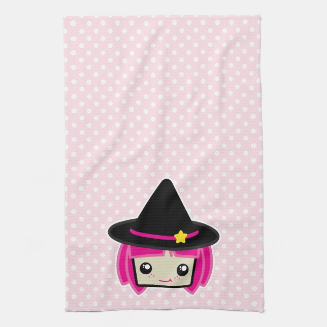 Kawaii Rosa Hjärt Witch Kitchen Towel Kökshandduk (Vertikal)