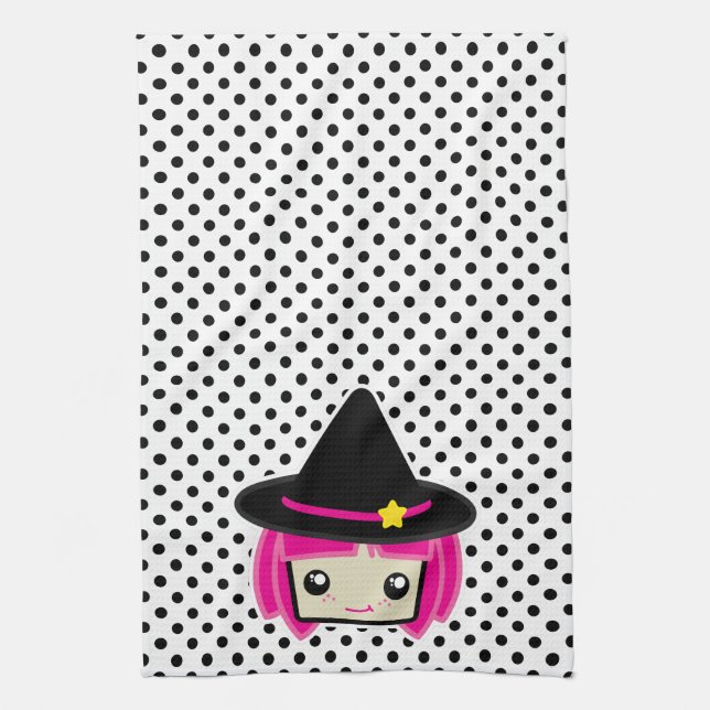 Kawaii Rosa Hjärt Witch Kitchen Towel Kökshandduk (Vertikal)