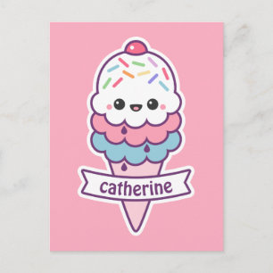 Kawaii Rosa Ice Cream Cone Vykort