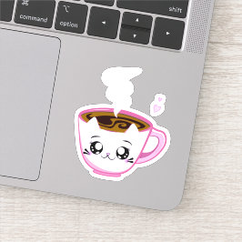 Kawaii rosa kattunge Kopp av kaffe Klistermärken