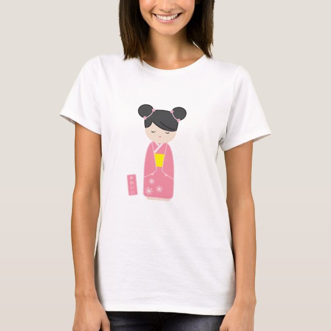 Kawaii Rosa Kokeshi Tee Shirt (Framsida)