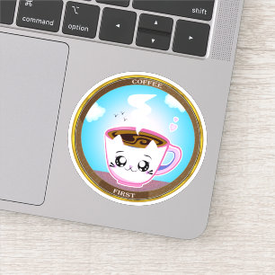 Kawaii rosa Kopp av kaffe. Kaffe först Klistermärken