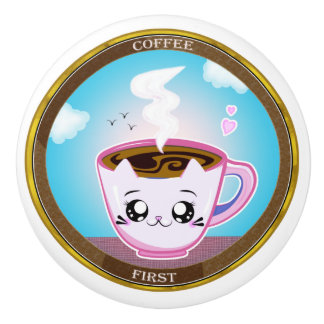 Kawaii rosa Kopp av kaffe. Kaffe först Knopp