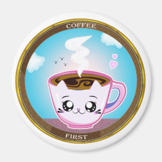 Kawaii rosa Kopp av kaffe. Kaffe först Magnet