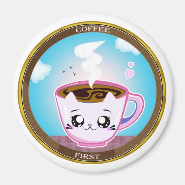Kawaii rosa Kopp av kaffe. Kaffe först Magnet (Framsidan)