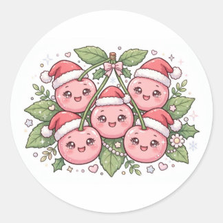 Kawaii Rosa Körsbär Tomte Hattar Jul Sticker Runt Klistermärke