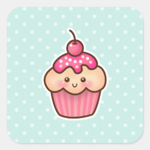 Kawaii rosa muffin och gullig Mintblåttpolka dots Fyrkantigt Klistermärke
