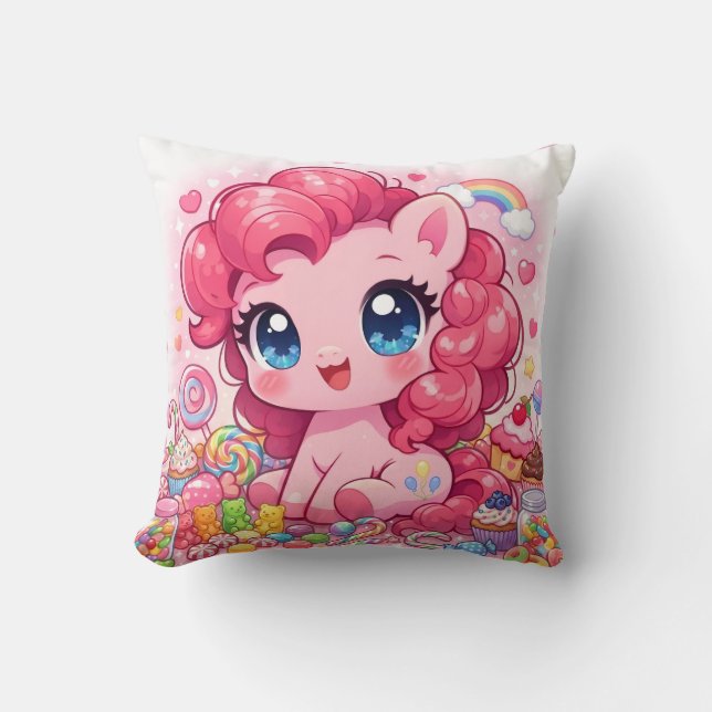 Kawaii Rosa Pony Chibi Konst Kuddcover Kudde (Framsida)